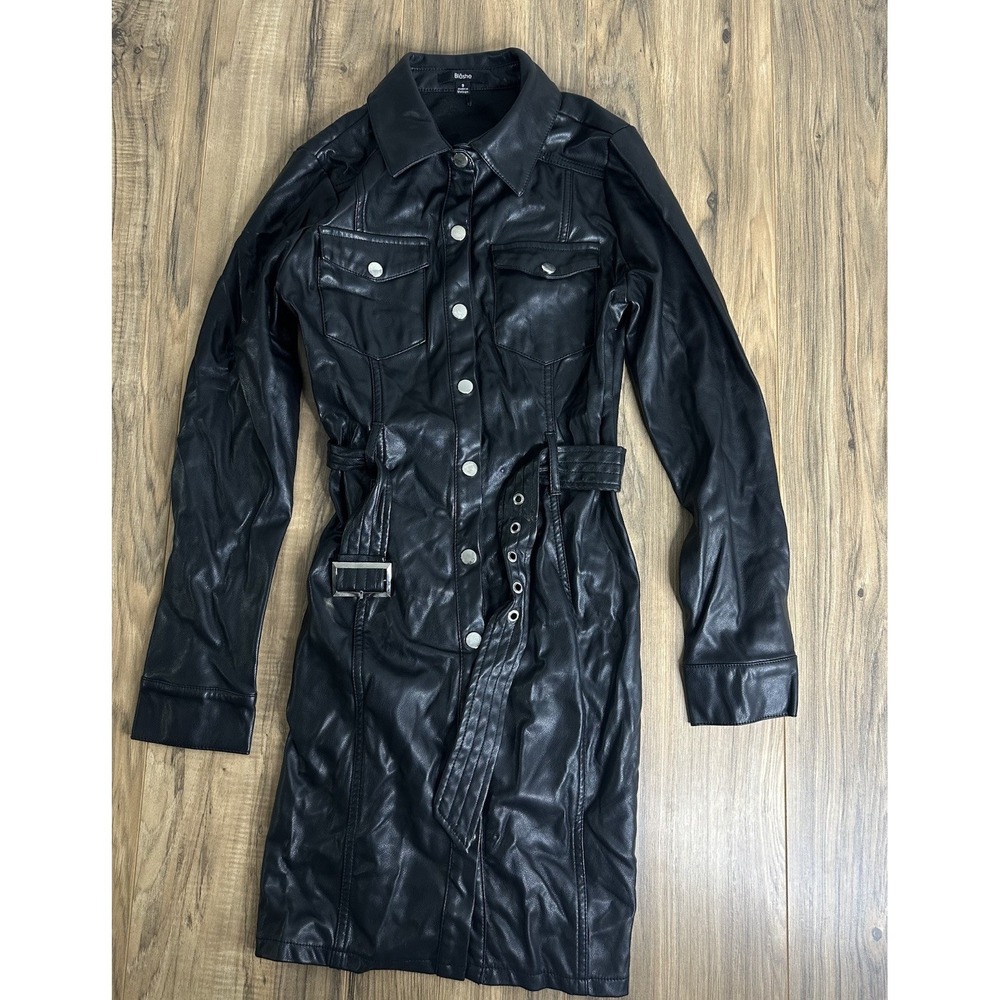 Blashe Women's Leather Dress Small Front Button Up Bodycon Long Sleeve